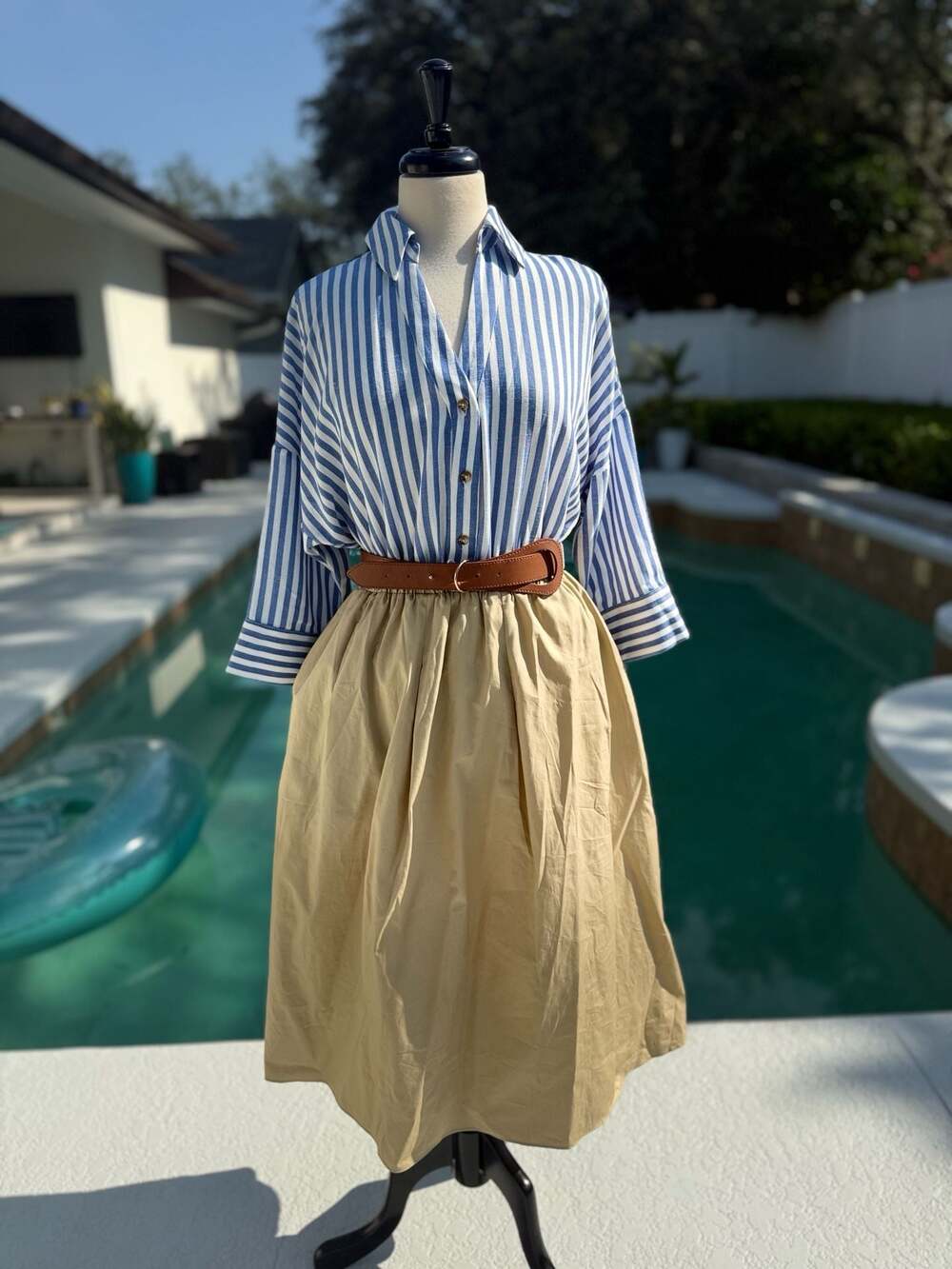 Maggy London Chessy Belted Twofer Midi Dress in Blue and White Stripe